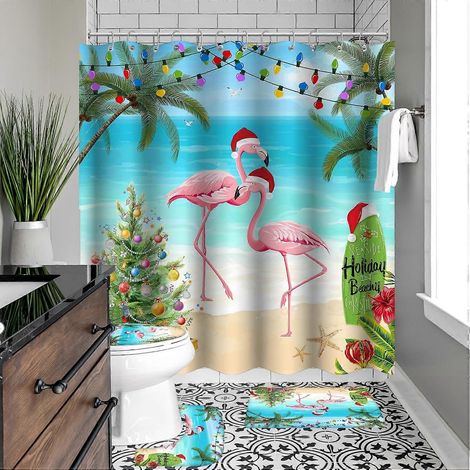 Ensemble de 4 pièces rideau de douche et tapis de bain sur le thème de Noël et de l'été, motif oiseaux roses, 72 x 7 pouces. Décoration de salle de bain à la maison. (1/5)