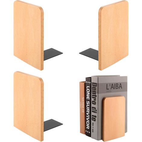 Lot de 4 serre-livres en bois pour étagères, serre-livres antidérapants pour la maison, le bureau, la bibliothèque, le hêtre (1/5)