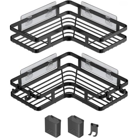 Set of 2 shower shelves, no drilling required, corner shelves, bathroom corner shower storage rack with 4 hooks and toothpaste tube holder, shower gel holder (1/5)