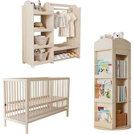 Chambre d'enfant complète-Lit bébé Sans matelas-Armoire-Bibliothèque rotative-Meuble multifonctionnel bois naturel-140x60x90(cm)