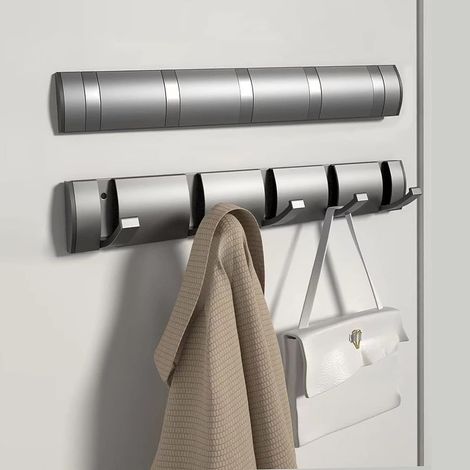 Stabile, wandmontierte Garderobe aus Aluminium mit 5 ausziehbaren Haken zum Aufhängen von Kleidung, Hüten, Handtaschen und Schlüsseln – Grau