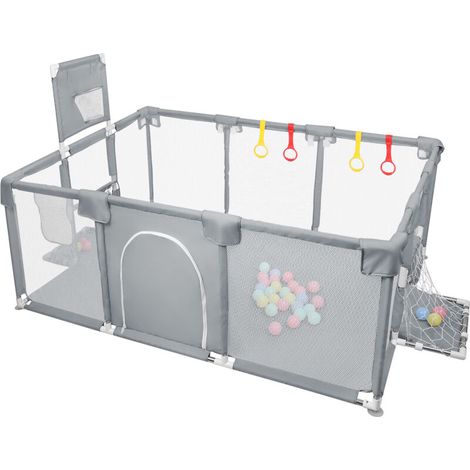– Parc de jeu bébé XXL 180x120x66cm gris foncé – 50 balles et panier de basket – Tissu oxford renforcé pliable et lavable – Espace sécurisé multi-activités (1/5)
