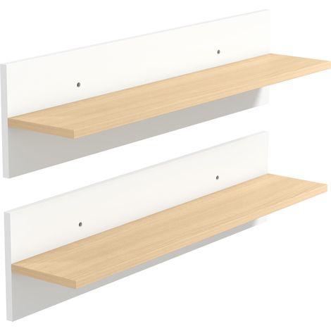Lot de 2 étagères murales 80 cm, supports muraux flottants pour salon, entrée, chambre ou cuisine, blanc et bois naturel (1/5)