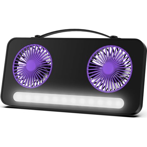 Ventilador de escritorio USB con luz, 1200 mAh, doble cabezal con asa, 3 velocidades, funcionamiento silencioso, para oficina, dormitorio y uso en exteriores - Gris morado