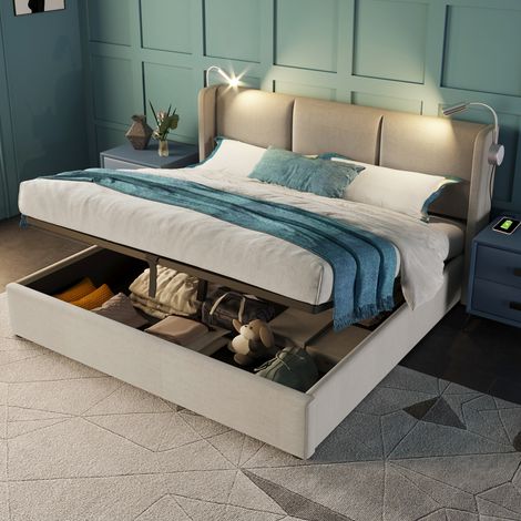 Cama con almacenaje 160x200 cm luz de lectura con carga USB estructura de cama de lino color beige(Sin colchón) (1/5)