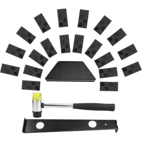 Kit d'installation de revêtement de sol stratifié, comprenant 20 cales, une barre de frappe, une barre de traction et un maillet.