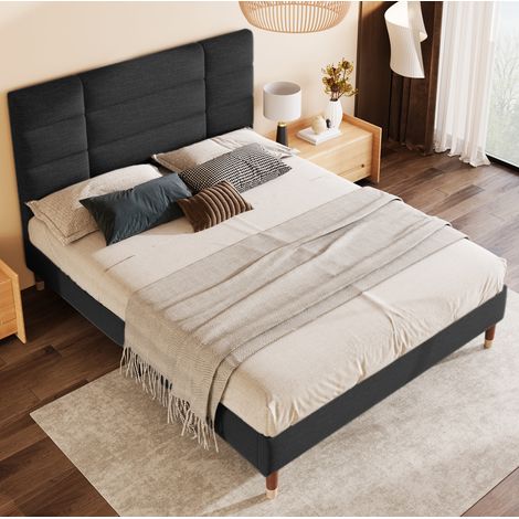 Cama tapizada 140/200 cm negra de madera y lino con cabecero acolchado (1/5)