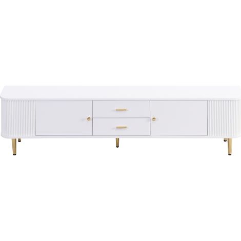 Meuble tv avec tiroirs, design arrondi avec côtés ondulés, poignées et pieds dorés, style élégant (1/5)