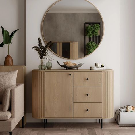 AX LIVING Kommode Halay Eiche Cremona, 1 Tür & 3 Schubladen Moderne Rillenstruktur 123 cm