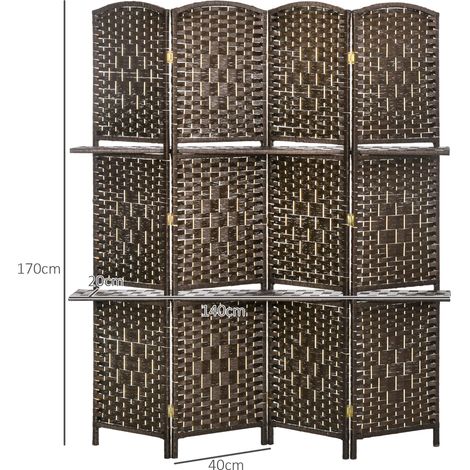 Paravent pliable marron 4 panneaux 160x170 cm avec 2 étagères, idéal pour diviser l'espace tout en offrant un rangement décoratif pratique et chaleureux. (1/5)