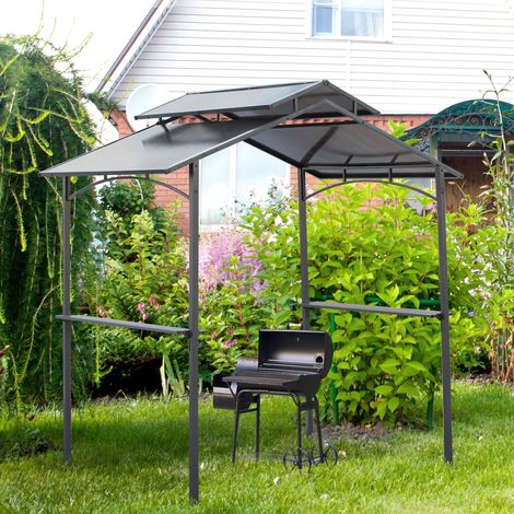 Pavillon BBQ noir-marron cadre acier 2,5x1,5m, toit ignifugé et deux tablettes de rangement pour vos barbecues (1/5)