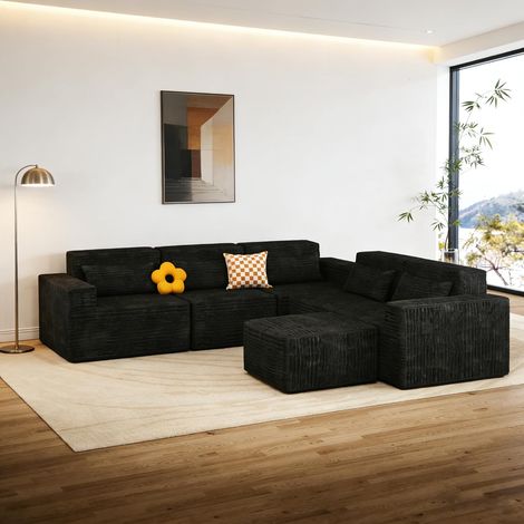 Modular Sofa 258cm Boneless Cloud Couch L Shaped Couch Corner Sofa Memory Foam Corduroy Wide Armrest Deep Seat Pillow Bottom Anti-Slip Living Room Bedroom No Assembly Required Black 5 Seater&Ottoman