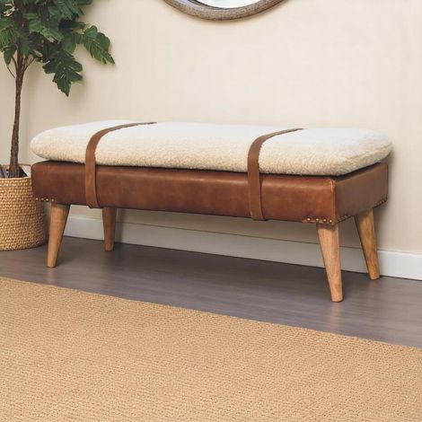 Banquette en cuir en cuir de, en bois massif et bois, rembourré, beige, pour maison et usage quotidien, format pratique