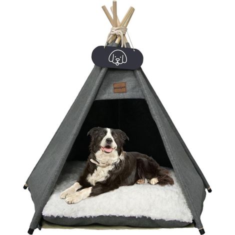 Tente pour chien et chat – Tipi 60x60x70 cm en toile de coton – Poteaux en bois de pin – Coussin réversible et tableau noir (1/5)