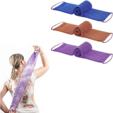 3 piezas: Esponja de gasa africana con mango, esponja de baño de gasa, elimina la suciedad, flexible, colores: morado, azul y café, 14 x 75 cm (1/5)