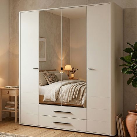 Großer Taburno Kleiderschrank, Schlafzimmer Schrank mit 9 Böden, 2 Schubladen, Kleiderstange, 179,5x210,5h cm Cremeweiß (1/5)