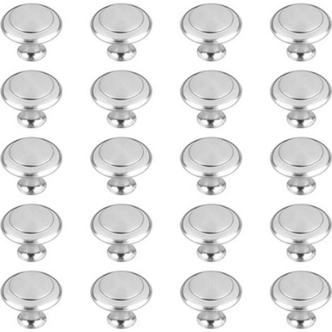 Lot de 20 boutons ronds argentés en acier inoxydable à un trou avec vis de fixation, pour portes de meubles et placards. (1/5)