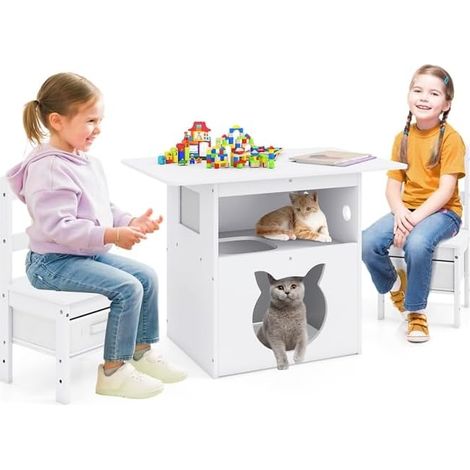 COSTWAY Tavole e Sedie per Bambini 3+ Anni, Tavolo in Legno con Casetta per Gatti, Buco per Gatti & Finestra Trasparente, 2 Sedie con Contenitori in Tessuto, Ideale per Disegnare e Studiare (1/5)