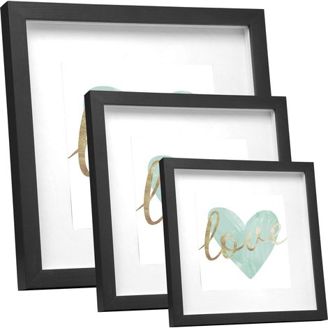 Lot de 3 cadres photo 3D 20x20 cm en bois, vitre acrylique et passe-partout, noir (1/5)