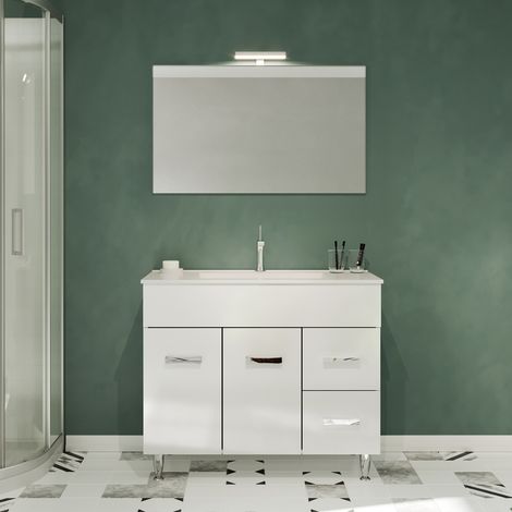 MADRID Meuble salle de bain sur pieds simple vasque Blanc L. 100 cm + miroir (1/5)
