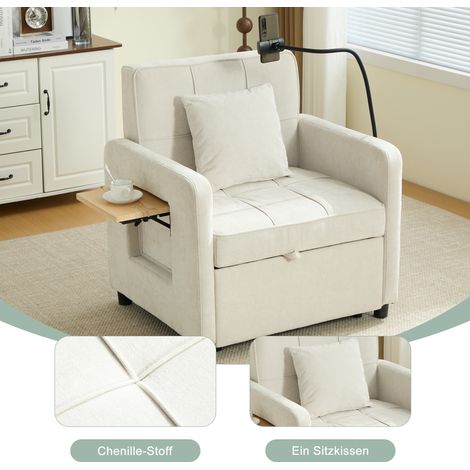 Fauteuil convertible 2-en-1 canapé-lit 1 place avec coussins, poches latérales, petite table & sac de rangement – chenille beige (1/4)