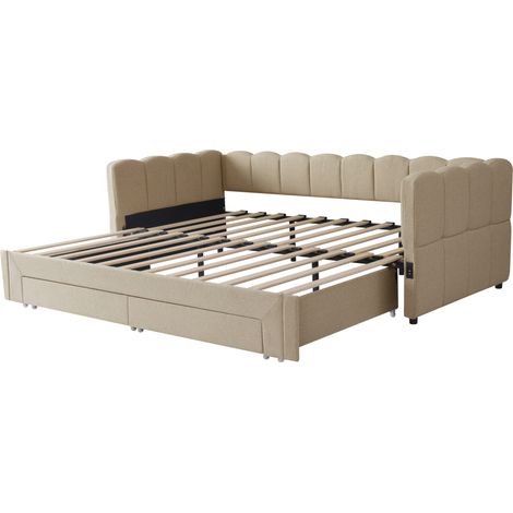 Cama daybed tapizada extensible con 2 cajones, chenilla beige, USB y USB-C (1/5)