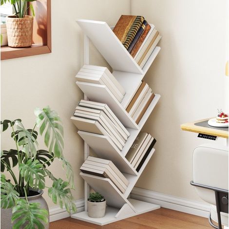 Bibliothèque sur pied 50x24x109 cm en bois blanc, 7 niveaux, gain de place pour bureau – MEUBLIV (1/5)