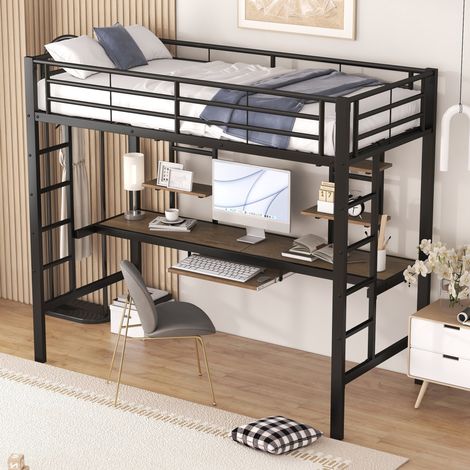 MEUBLIV Hochbett 90x200 cm schwarz mit Schreibtisch, 2 Regalen und Leiter, ohne Matratze (1/5)