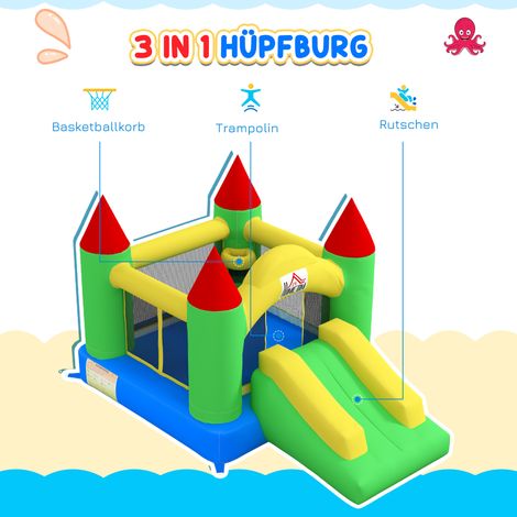 Château gonflable avec toboggan et filet de sécurité, charge max 100 kg, pour enfants de 3 à 10 ans, dimensions 300 x 180 x 160 cm
