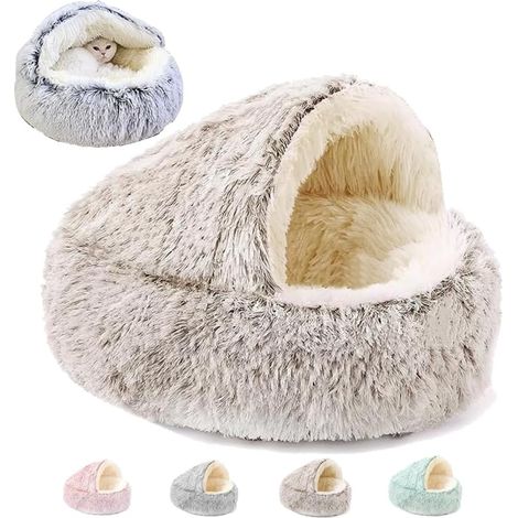Lit pour animaux semi fermé blanc café en forme coquillage, coussin peluche chaud pour chats et petits chiens intérieur (1/5)