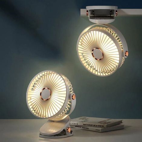 1 Ventilateur de bureau à pince, rechargeable, oscillation 360°, 5 vitesses, avec LED, pour maison et bureau (1/4)