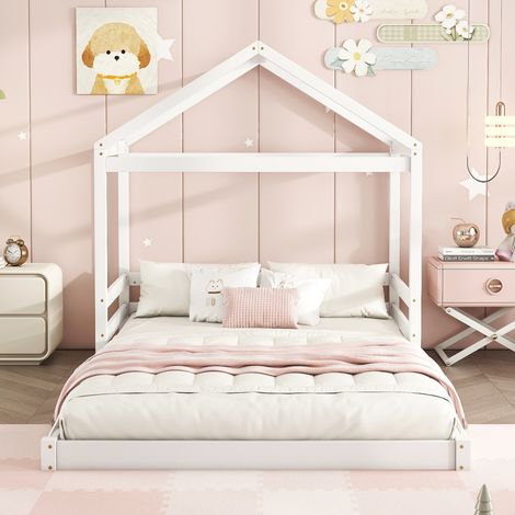 Lit Maison 140x200 cm - Lit pour Enfants en Forme de Maison avec Sommier - Bois de Pin et MDF - Design Unique - Blanc (1/5)