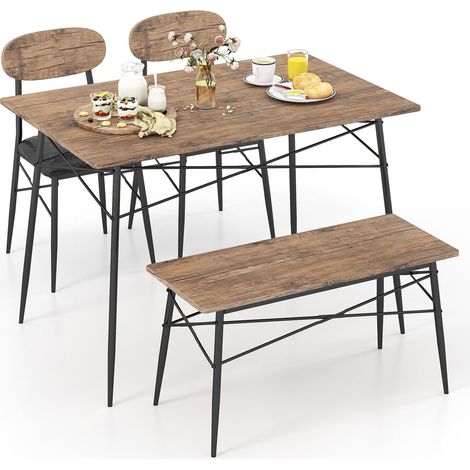 4 Pcs Dining Table Set Rectangular Kitchen Table w/ Bench & 2 Upholstered Chairs (1/5)