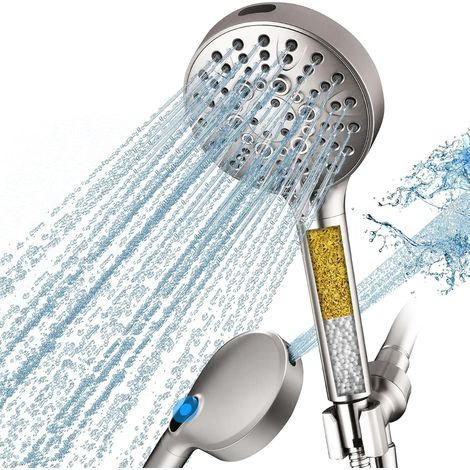 BRIGHT SHOWERS Duschkopf mit Filter, Handbrause, Hochdruck-Duschkopf mit 9 Strahlarten, langem Schlauch und Halterung, Wasserenthärtungsfilterperlen für hartes Wasser – entfernt Chlor, gebürstetes Nic (1/5)