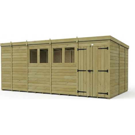 17ft x 9ft Pent Garden Shed Double Door With Windows - Pressure Treated Timber - L518 x W274 x H210 cm - Natural