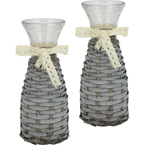 Lot de 2 vases en Verre avec rotin et Dentelle - 21 cm - Style Maison de Campagne - Décoration Rustique - Décoration de Table de Mariage - Nœud pour Fleurs Simples - Vase cylindrique - Vase de Table
