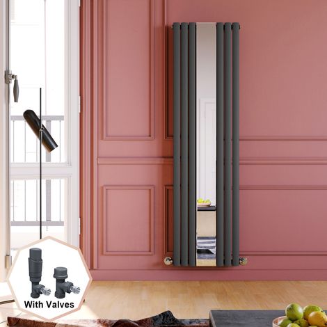 ELEGANT 1800 x 500 mm Mirror Anthracite Vertical Column Radiator Single Oval Panel Designer Bathroom Radiator + Anthracite Thermostatic Radiator Valves (1/5)