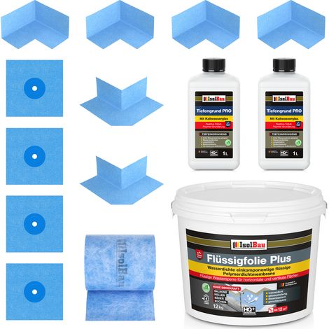 Dichtset 814B Film liquide plus 12 kg Tiefengrund PRO 2L 20 m de ruban adhésif 4 x coins 4 x brassards