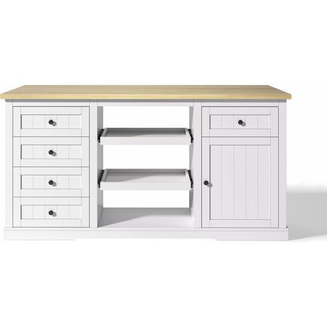 Isola cucina bianca in MDF 150x65x75,5 cm con 5 cassetti e piano ribaltabile (1/5)