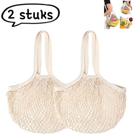 Set di 2 borse per la spesa, in rete di cotone con manici, in rete di cotone per frutta e verdura, colore bianco crema. (1/5)