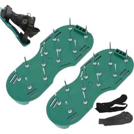 Scarificateur de pelouse avec pointes, clous 15 mm, 26 pointes en acier, sangles réglables, vertes, chaussures pour aérer la pelouse ou comme chaussures de chape (1/5)