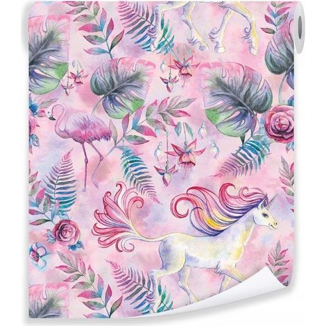 Papier peint enfant licorne fleurs rose déco murale chambre enfant – rouleau 0,5 x 10 m intissé Wallarena (1/3)