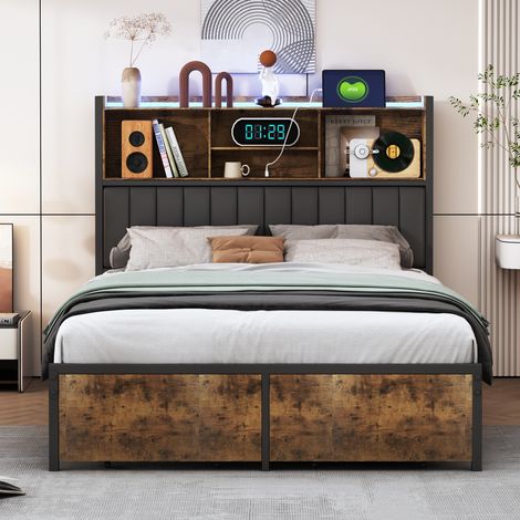 Lit 140x200, avec 2 tiroirs de rangement, éclairage LED, Fonction de charge USB-A/C, Tête de lit rembourrée, Étagères, Cadre en métal, Lit en bois - Marron (1/4)