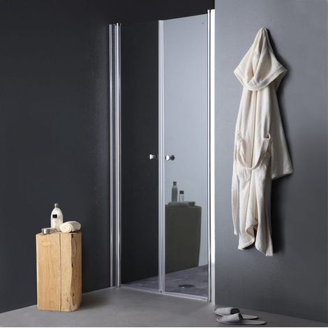 Kiamami Valentina – Porte de douche anti-panique en niche 90 cm – Ouverture saloon – Verre trempé 6 mm – Aluminium anodisé chromé – Fermeture magnétique (1/3)