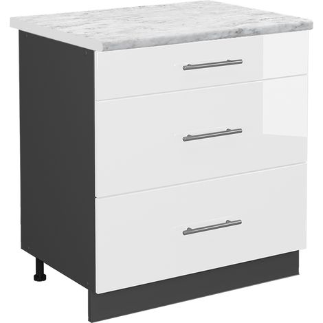 Meuble cuisine Fame-Line, Blanc Haute brillance, 80 cm avec 3 tiroirs, PT Marbre, Vicco (1/5)
