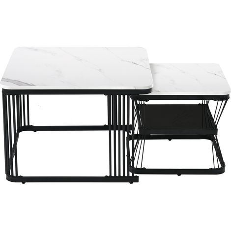 Ensemble de 2 tables d'appoint modernes en MDF effet marbre avec structure en acier noir mat, 65x65x45 cm et 45x45x39,5 cm (1/5)