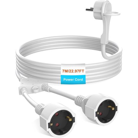 Rallonge de câble d'alimentation de 7 m - 2 voies - Rallonge de protection pour l'extérieur - Avec fiche plate - Prises AC Schuko - IP44 pour la maison, le bureau - Jusqu'à 250 V/16 A - Blanc (1/5)