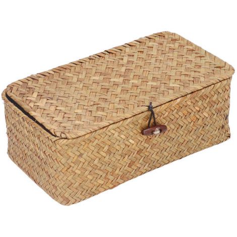 BUNTHAUS Lntyq Paniers de rangement rectangulaires en osier avec couvercle, en jonc de mer tissé à la main pour étagères, bureau, maison (naturel, taille S)