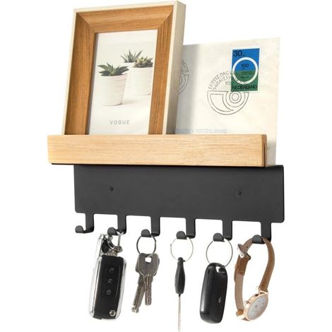 Portachiavi da parete in acciaio inox e bambù – 6 ganci, 26 cm, nero – Design moderno e robusto per ingresso o cucina