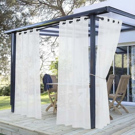 Rideau de terrasse blanc – Voilage d'extérieur à œillets métalliques, filtre la lumière du jardin – 254 cm (L) x 213 cm (H) – Blanc – Un panneau (1/5)